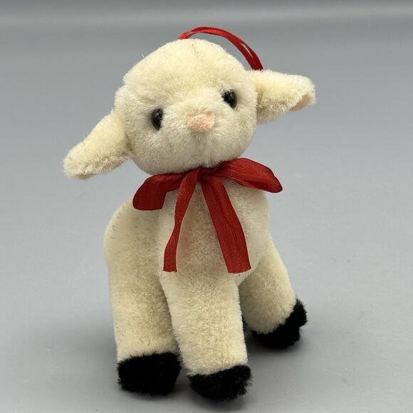 Vtg Philip Strahl Pelham NY Plush Lamb Christmas Ornament Red Satin Ribbons 4.5" - Picture 6 of 10